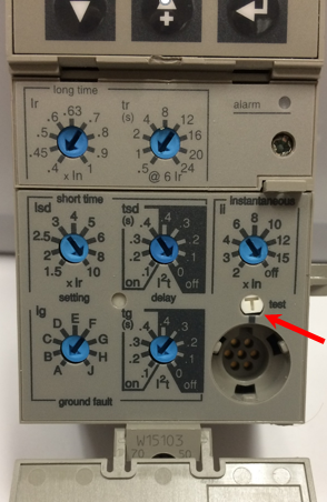 Trip unit picture showing test button