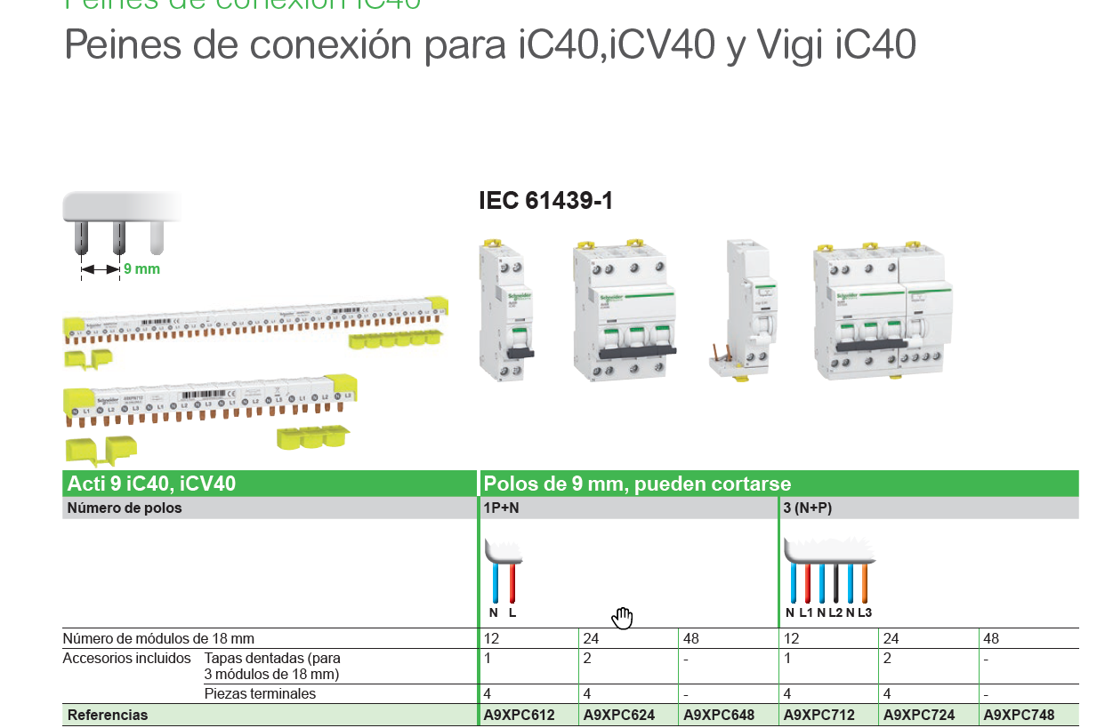 ¿Cuál es la referencia de los peines para los automáticos y diferenciales para los ICV40, IC40 y Vigi iC40?