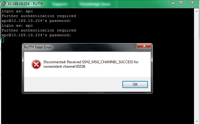 Picture of putty error: "received ssh2_msg_channel_success for nonexistant channel 65536"