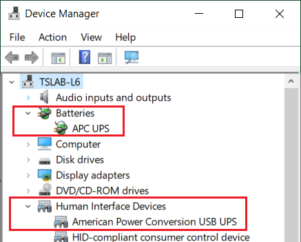 Image of Windows Device Manager with APC UPS Battery