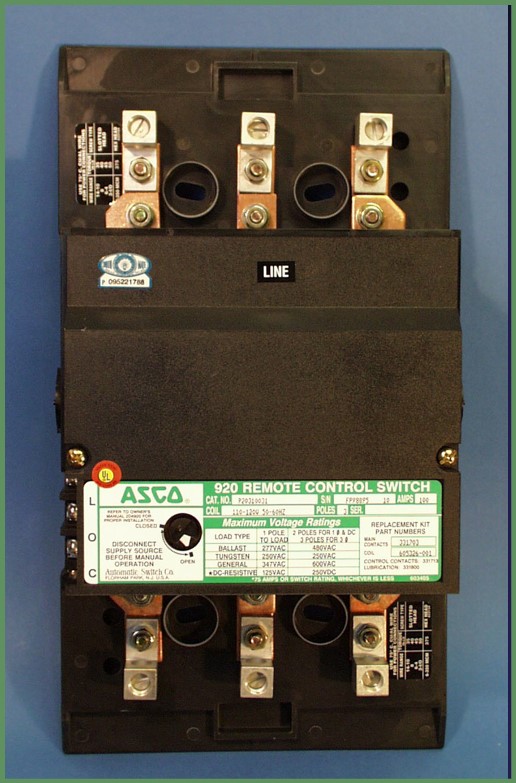 ASCO 920 3 pole Lighting Contactor 75 amp 110-120volt coil No Subpanel Open Type 
