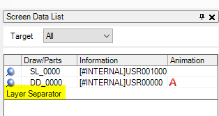 Ventana Screen Data List de una pantalla base - Como se muestra el "Layer Separator" o "Separador de capas"